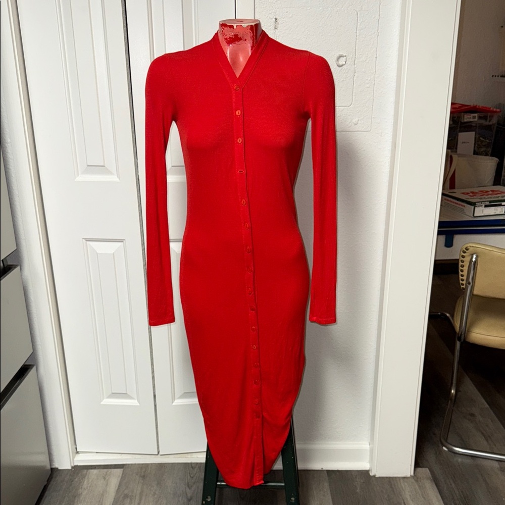 Red Button-Front Long Sleeve Knit Dress